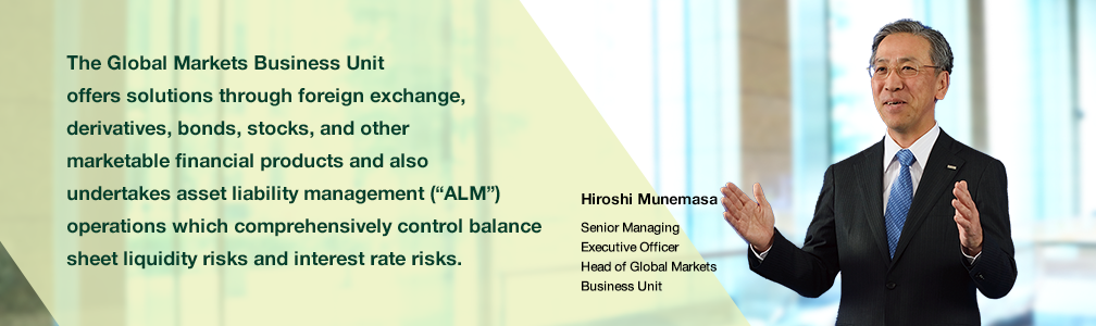 The Global Markets Business Unit offers solutions through foreign exchange, derivatives, bonds, stocks, and other marketable financial products and also undertakes asset liability management (“ALM”) operations which comprehensively control balance sheet liquidity risks and interest rate risks. Senior Managing Executive Officer Head of Global Markets Business Unit Hiroshi Munemasa