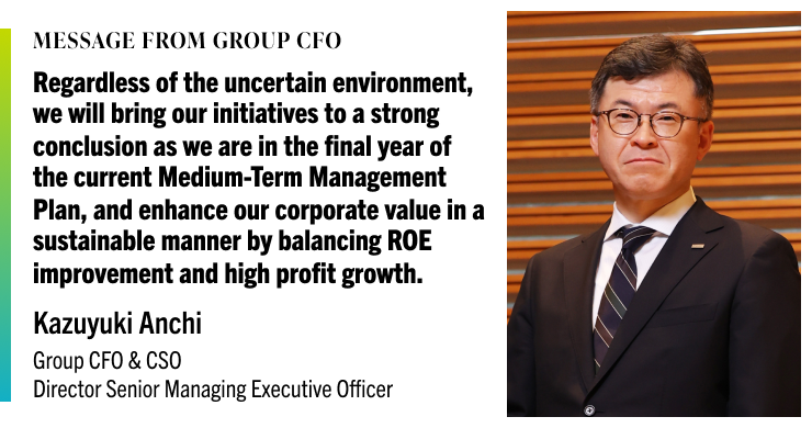 MESSAGE FROM GROUP CFO Regardless of the uncertain environment, we will bring our initiatives to a strong conclusion as we are in the final year of the current Medium-Term Management Plan, and enhance our corporate value in a sustainable manner by balancing ROE improvement and high profit growth. Kazuyuki Anchi Group CFO & CSO Director Senior Managing Executive Officer