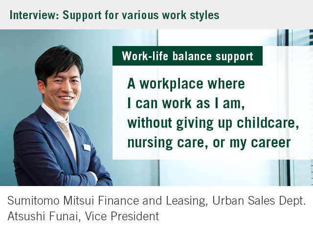 Work-life balance support Interview: Support for various work styles A workplace where I can work as I am, without giving up childcare, nursing care, or my career Sumitomo Mitsui Finance and Leasing Urban Sales Dept. Atsushi Funai, Vice President