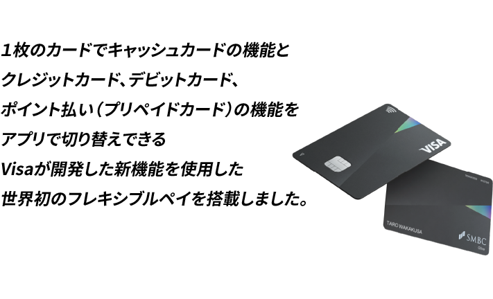 1枚のカードでキャッシュカードの機能とクレジットカード、デビットカード、ポイント払い（プリペイドカード）の機能をアプリで切り替えできるVisaが開発した新機能を使用した世界初のフレキシブルペイを搭載しました。